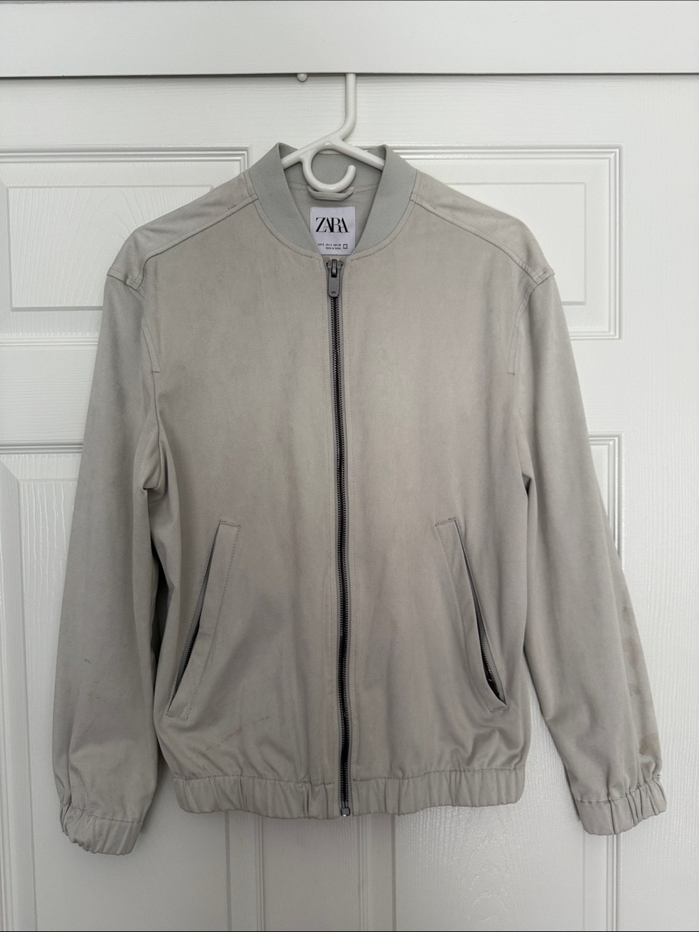 ZARA Men's Suede Light Beige Bomber Jacket - Zip Front